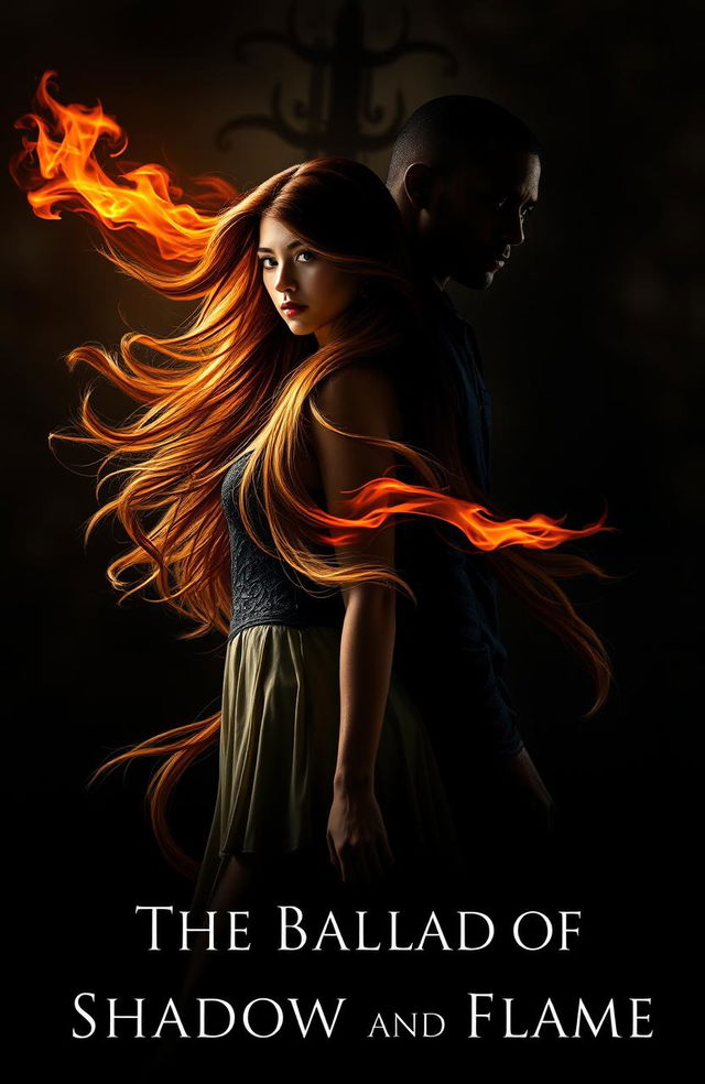 A striking image of a strong, elegant woman with long flowing hair, the tips of her hair engulfed in vibrant flames