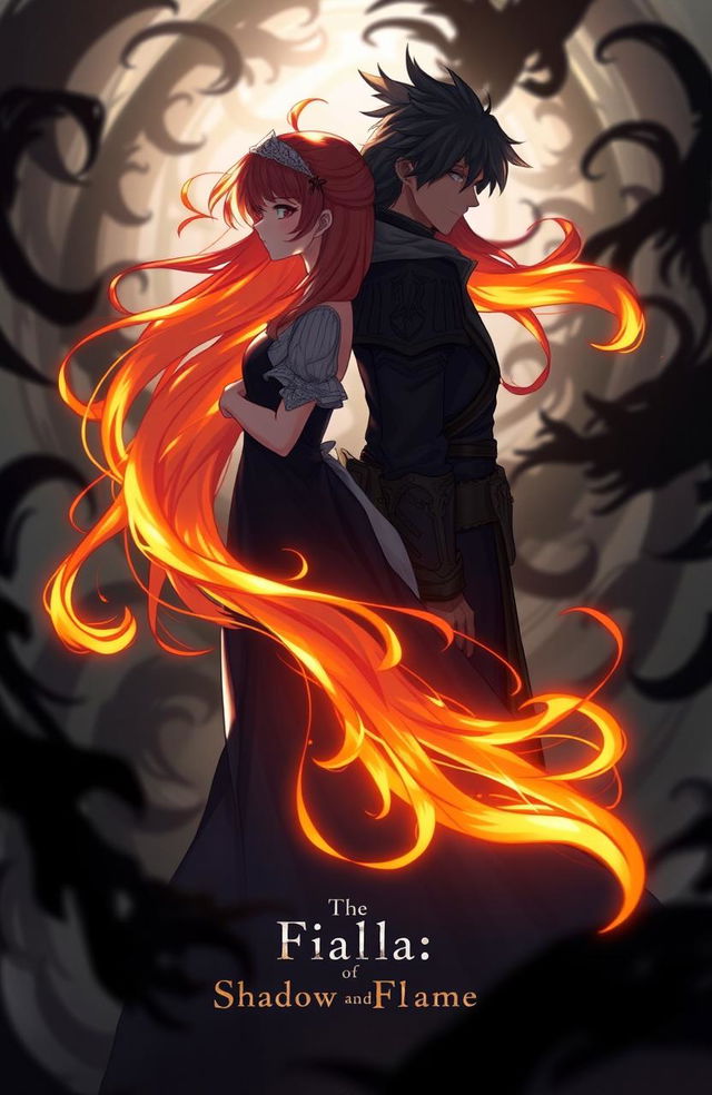 An animated woman with long flowing hair that transitions into flames at the ends, standing back to back with a strong, heroic man