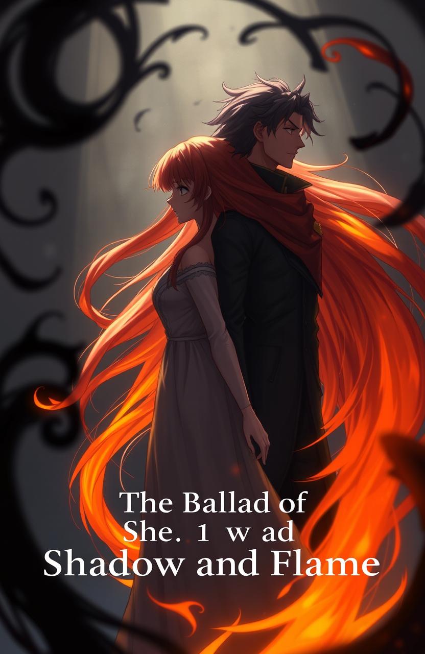 An animated woman with long flowing hair that transitions into flames at the ends, standing back to back with a strong, heroic man