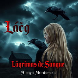 A woman with long, silvery-gold hair stands with her back to the viewer, a raven's claw resting on her shoulder