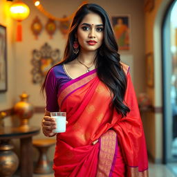 A beautiful Indian woman wearing a traditional half saree, featuring a vibrant color palette