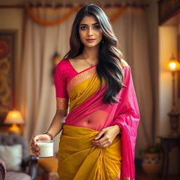 A beautiful Indian woman wearing a traditional half saree, featuring a vibrant color palette