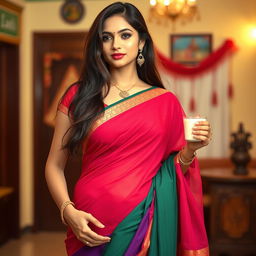 A beautiful Indian woman wearing a traditional half saree, featuring a vibrant color palette
