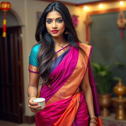A beautiful Indian woman wearing a traditional half saree, featuring a vibrant color palette