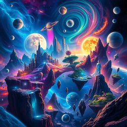 A stunning visualization of a multiverse, showcasing multiple realities intersecting and blending together in a vibrant and colorful manner