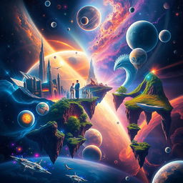 A stunning visualization of a multiverse, showcasing multiple realities intersecting and blending together in a vibrant and colorful manner