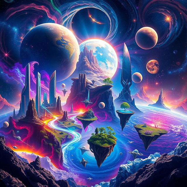 A stunning visualization of a multiverse, showcasing multiple realities intersecting and blending together in a vibrant and colorful manner