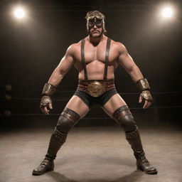 A steampunk wrestler featuring Victorian-era stylized wrestling attire, with leather straps, brass studs, goggles, and metal knee braces. This player dominates in a ring adorned with clockwork details, under the gaze of a steam-powered spotlight.