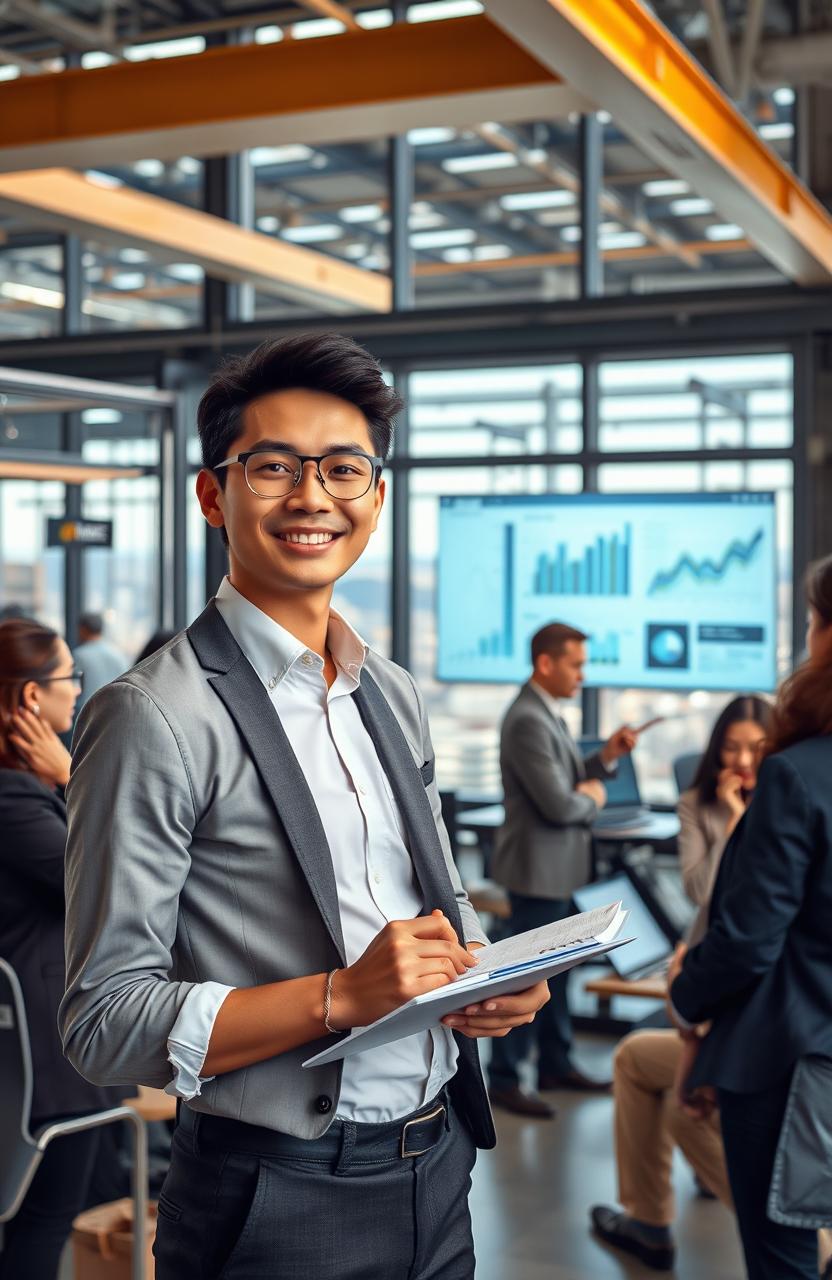 A young professional in business attire, confidently presenting in a modern industrial workspace