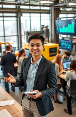 A young professional in business attire, confidently presenting in a modern industrial workspace