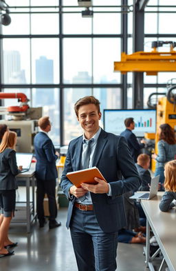 A young professional in business attire, confidently presenting in a modern industrial workspace