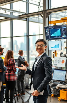A young professional in business attire, confidently presenting in a modern industrial workspace