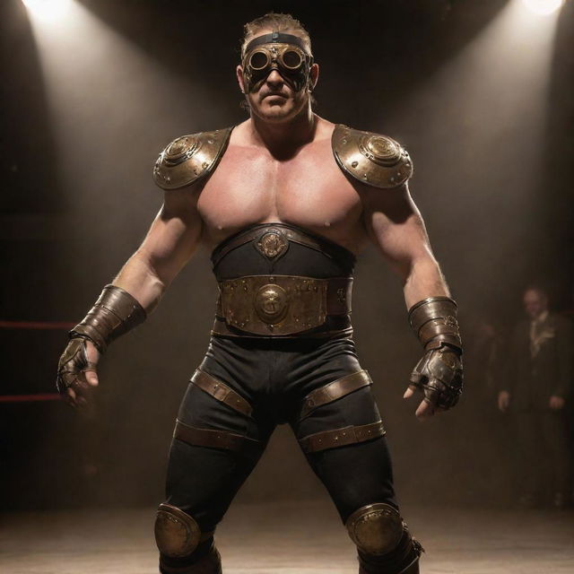 A steampunk wrestler featuring Victorian-era stylized wrestling attire, with leather straps, brass studs, goggles, and metal knee braces. This player dominates in a ring adorned with clockwork details, under the gaze of a steam-powered spotlight.