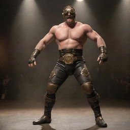 A steampunk wrestler featuring Victorian-era stylized wrestling attire, with leather straps, brass studs, goggles, and metal knee braces. This player dominates in a ring adorned with clockwork details, under the gaze of a steam-powered spotlight.