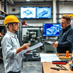 A young mechanical engineering intern in a professional setting, wearing a safety helmet and goggles, examining machinery and blueprints in a modern industrial workshop