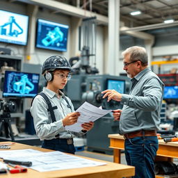 A young mechanical engineering intern in a professional setting, wearing a safety helmet and goggles, examining machinery and blueprints in a modern industrial workshop