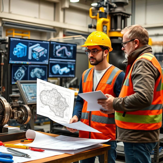 A young mechanical engineering intern in a professional setting, wearing a safety helmet and goggles, examining machinery and blueprints in a modern industrial workshop