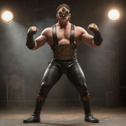 A steampunk wrestler featuring Victorian-era stylized wrestling attire, with leather straps, brass studs, goggles, and metal knee braces. This player dominates in a ring adorned with clockwork details, under the gaze of a steam-powered spotlight.