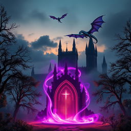 A mesmerizing portrait-format scene featuring a glowing magical portal illuminated in rich shades of violet, standing prominently in the foreground