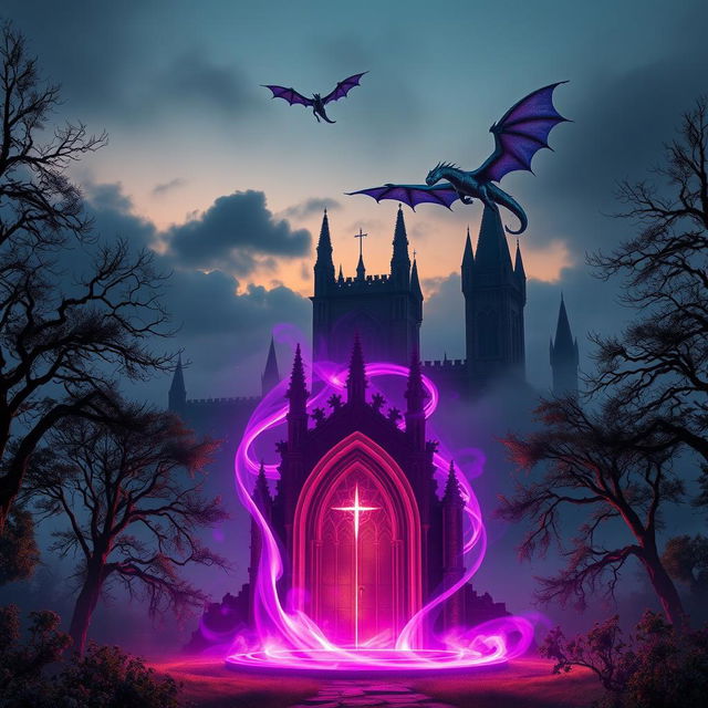 A mesmerizing portrait-format scene featuring a glowing magical portal illuminated in rich shades of violet, standing prominently in the foreground