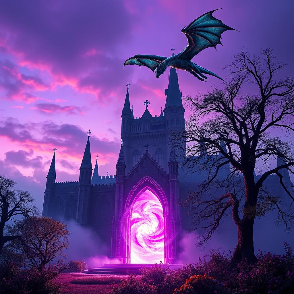 A mesmerizing portrait-format scene featuring a glowing magical portal illuminated in rich shades of violet, standing prominently in the foreground