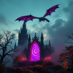A mesmerizing portrait-format scene featuring a glowing magical portal illuminated in rich shades of violet, standing prominently in the foreground