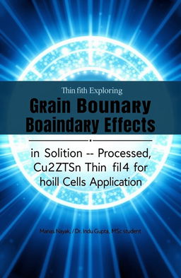 A visually captivating e-book front page featuring the title in bold, modern typography: 'Exploring Grain Boundary Effects in Solution-Processed Cu2ZnSnS4 (CZTS) Thin Film for Solar Cells Application'