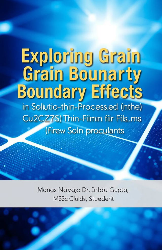 A visually captivating e-book front page featuring the title in bold, modern typography: 'Exploring Grain Boundary Effects in Solution-Processed Cu2ZnSnS4 (CZTS) Thin Film for Solar Cells Application'