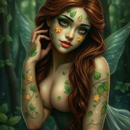 A mystical forest nymph gracefully posed in an enchanting forest setting