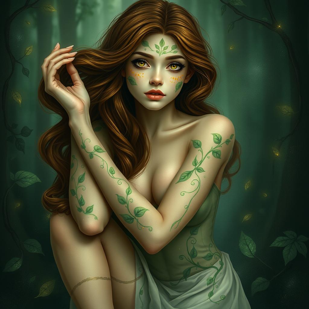 A mystical forest nymph gracefully posed in an enchanting forest setting