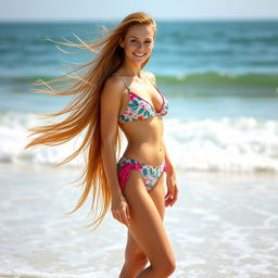 A tall, attractive young woman with very long, flowing rusty hair, standing confidently in a stylish swimsuit