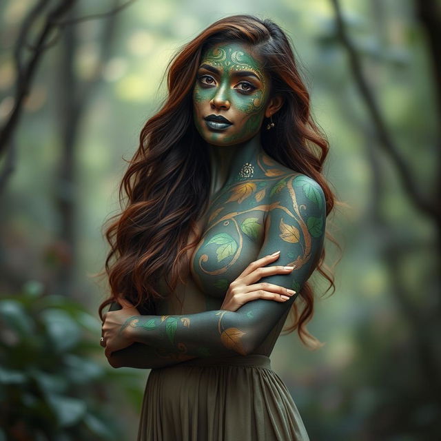 A captivating woman adorned with intricate face and body paint, standing gracefully in a serene natural environment