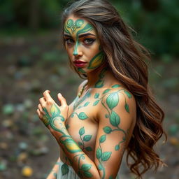 A captivating woman adorned with intricate face and body paint, standing gracefully in a serene natural environment