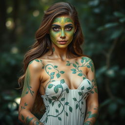 A captivating woman adorned with intricate face and body paint, standing gracefully in a serene natural environment