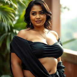 A captivating medium-curvy woman wearing a wet black blouse that clings to her body, accentuating her curves and ample bosom