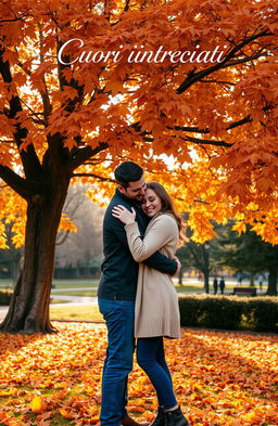 A romantic scene of a couple hugging closely amidst a picturesque autumn landscape, surrounded by a majestic tree adorned with vibrant orange and brown leaves that gently blanket the ground