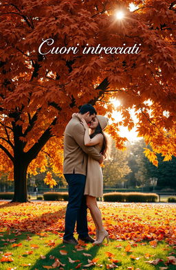 A romantic scene of a couple hugging closely amidst a picturesque autumn landscape, surrounded by a majestic tree adorned with vibrant orange and brown leaves that gently blanket the ground