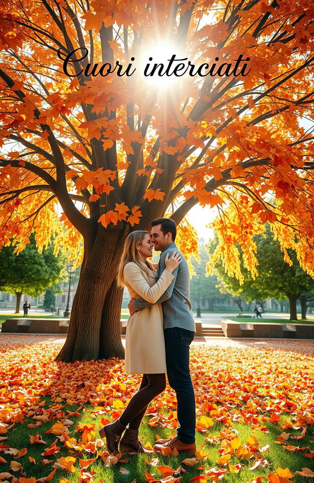 A romantic scene of a couple hugging closely amidst a picturesque autumn landscape, surrounded by a majestic tree adorned with vibrant orange and brown leaves that gently blanket the ground