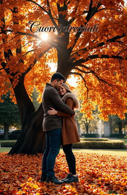 A romantic scene of a couple hugging closely amidst a picturesque autumn landscape, surrounded by a majestic tree adorned with vibrant orange and brown leaves that gently blanket the ground