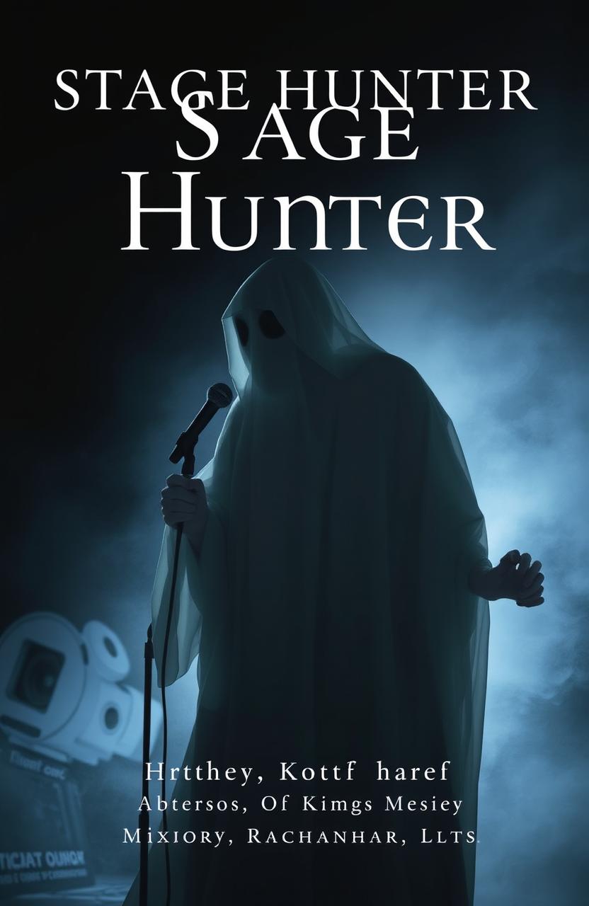 A book cover design showcasing a ghostly figure with a mysterious and ethereal appearance, embodying the essence of both a stage hunter and a film director