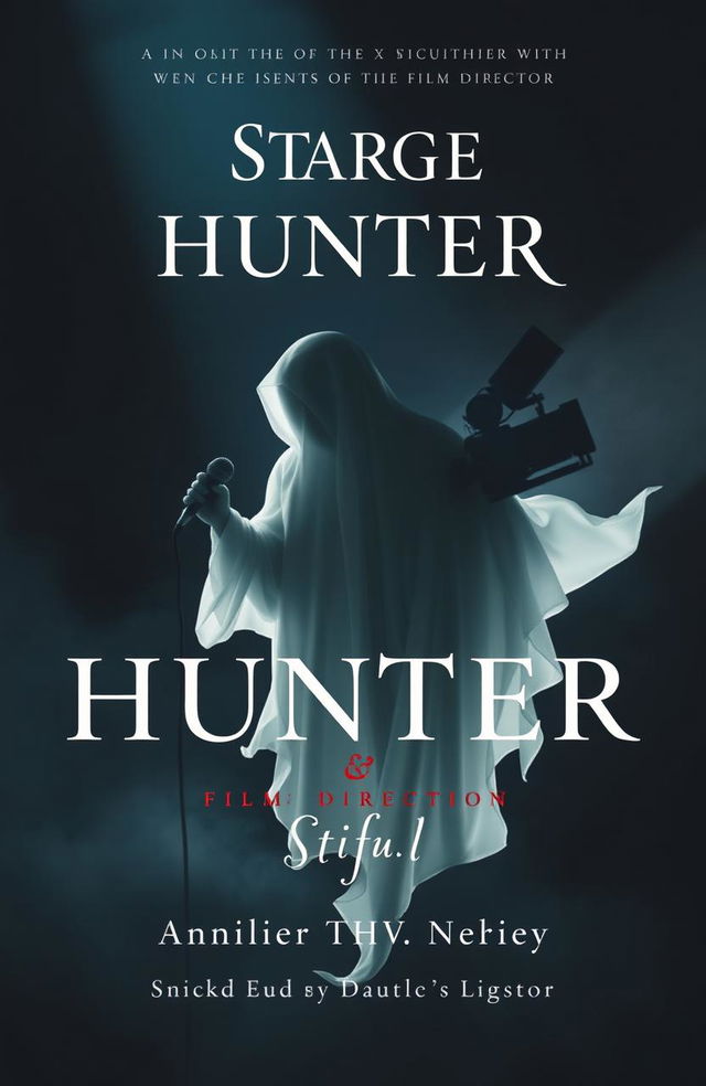 A book cover design showcasing a ghostly figure with a mysterious and ethereal appearance, embodying the essence of both a stage hunter and a film director