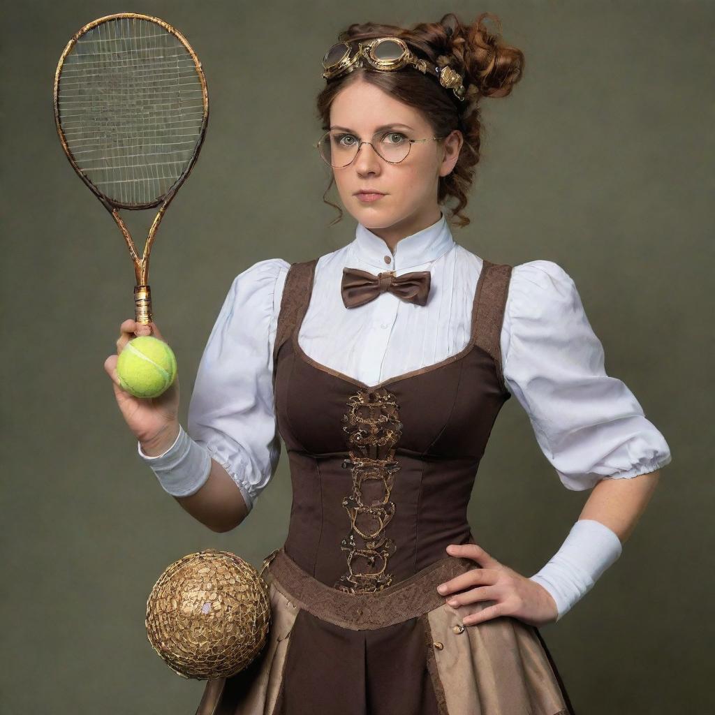 A steampunk tennis player in Victorian-era sportswear. Steampunk elements like cog-studded racket, corseted waistlines and brass goggles blend with the athletic attire. She's poised to serve on a court with steampunk-inspired nets and a gear-encrusted tennis ball.