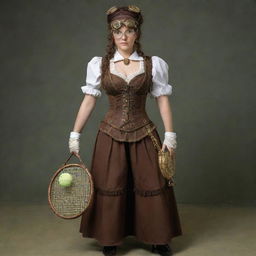 A steampunk tennis player in Victorian-era sportswear. Steampunk elements like cog-studded racket, corseted waistlines and brass goggles blend with the athletic attire. She's poised to serve on a court with steampunk-inspired nets and a gear-encrusted tennis ball.