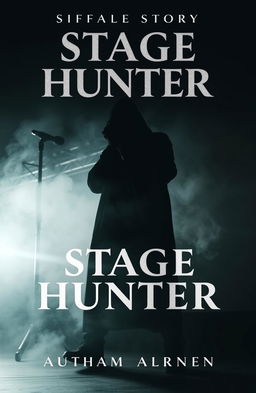 A gripping ghost story cover featuring a shadowy figure of a stage hunter wielding a microphone, set against a misty backdrop that evokes a sense of mystery and suspense