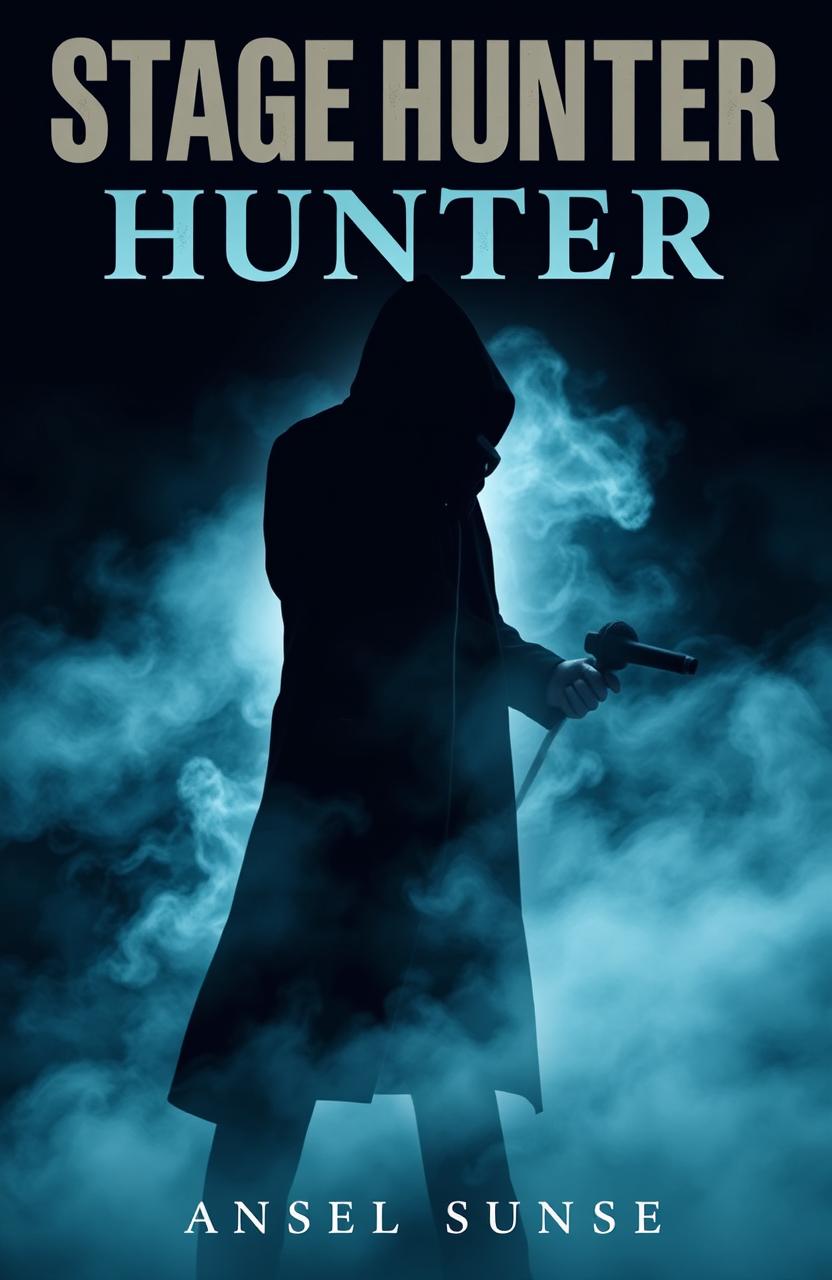 A gripping ghost story cover featuring a shadowy figure of a stage hunter wielding a microphone, set against a misty backdrop that evokes a sense of mystery and suspense