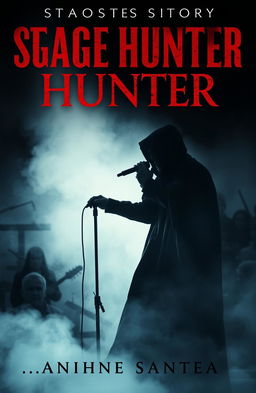 A gripping ghost story cover featuring a shadowy figure of a stage hunter wielding a microphone, set against a misty backdrop that evokes a sense of mystery and suspense