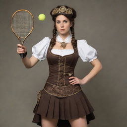 A steampunk tennis player in Victorian-era sportswear. Steampunk elements like cog-studded racket, corseted waistlines and brass goggles blend with the athletic attire. She's poised to serve on a court with steampunk-inspired nets and a gear-encrusted tennis ball.