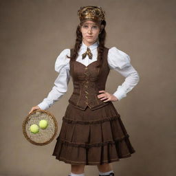 A steampunk tennis player in Victorian-era sportswear. Steampunk elements like cog-studded racket, corseted waistlines and brass goggles blend with the athletic attire. She's poised to serve on a court with steampunk-inspired nets and a gear-encrusted tennis ball.