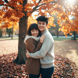 A heartwarming scene of a young couple hugging closely in an idyllic autumn setting, standing next to a stunning tree adorned with vibrant orange and brown leaves