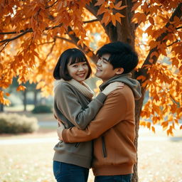 A heartwarming scene of a young couple hugging closely in an idyllic autumn setting, standing next to a stunning tree adorned with vibrant orange and brown leaves